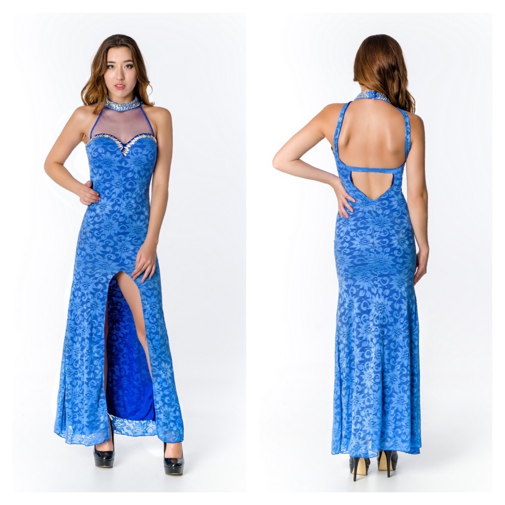 Blue Elegance Illusion Neck Lace Gown
